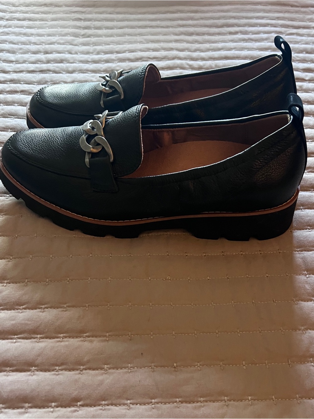 Vionic Black Leather Loafer with Chain Accent